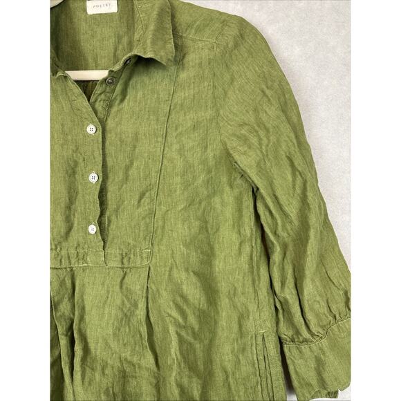 Poetry Dress Size 2 100% Linen Green 3/4 Sleeve Button Side Slit Pockets Preppy - Picture 5 of 11